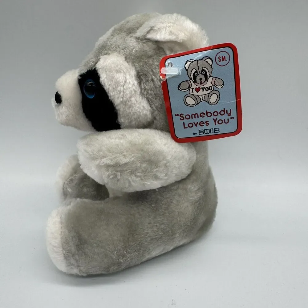 Vintage Swib Racoon Plush Stuffed Animal Sitting 1984 Korea Blue Eyes NWT